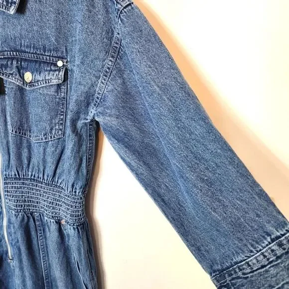 NWT River Island Jumpsuit Blue Denim Smocked Waist Boilersuit Size 8 UK, 6 US - Picture 7 of 12